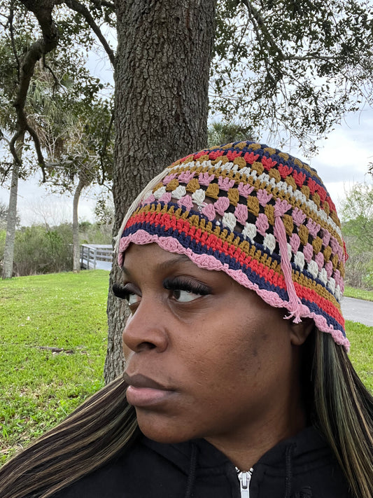 string me along dark blue - handmade knitted bucket hat ( reversible )